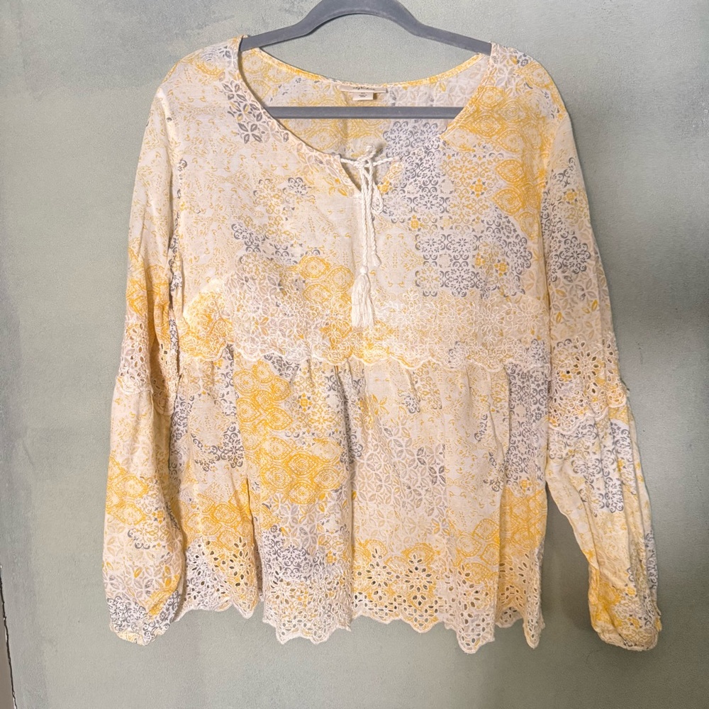 Style & Co. women's yellow and gray boho peasant top with eyelet trim. Sz XL
